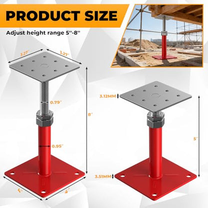 4PCS House Floor Jacks for Leveling & Lifting, 5" - 8" Height Adjust Range, Adjustable Crawl Space Jacks, Telescoping Screw Jacks for Temporary Support - 11000 lbs Max Load Capacity, Red - size: 5-8in Red