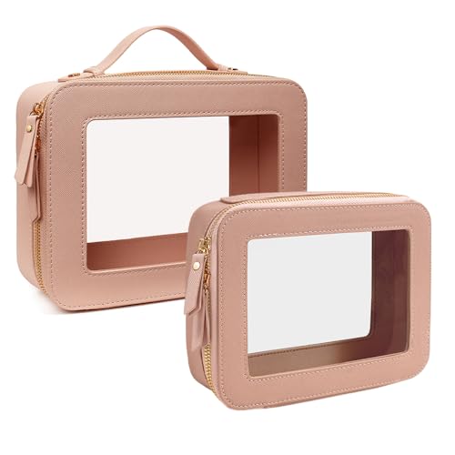 Travel Clear Makeup Bag Set, TSA Approved Cosmetic Bag Case with Zipper Portable Makeup Pouch Toiletry Bag Traveling Cosmetic Organizer Storage Bag Car Organizer Car Essentials - color: Dual Dark Pink