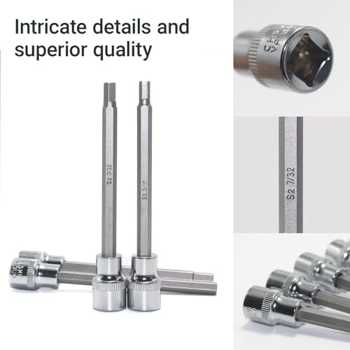 3/8 Inch Drive Extra Long allen hex bit socket set, 19-Piece Standard SAE & Metric Allen socket set, CR-V and S2 Steel (Allen Hex Bit), Automobile repair tools