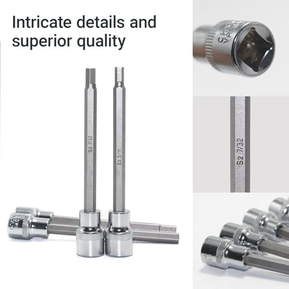 3/8 Inch Drive Extra Long allen hex bit socket set, 19-Piece Standard SAE & Metric Allen socket set, CR-V and S2 Steel (Allen Hex Bit), Automobile repair tools
