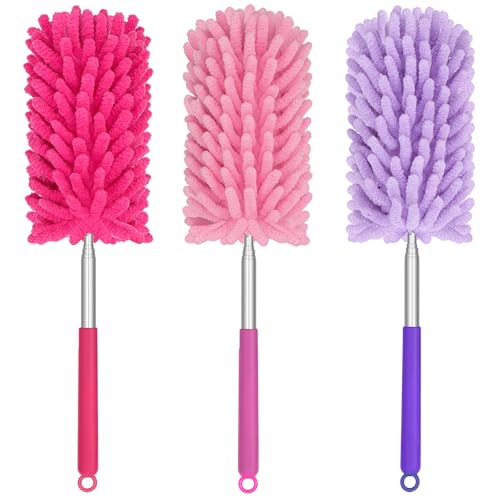 Mini Duster for Cleaning, 360° Bendable Hand Dusters with Extension Pole, Washable Small Duster for Car Interior, Office, Furniture - color: 3 Pack Red Pink Purple