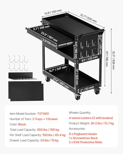 VEVOR 4-Tier Tool Cart with Wheels, 350 lbs Load Capacity, Rolling Work Cart with Drawer & Pegboard, Mechanic Tool Storage Organizer with Locking System for Garage, Warehouse and Repair Shop, Black - style: 4-Tier-350 lbs with 1 Drawer