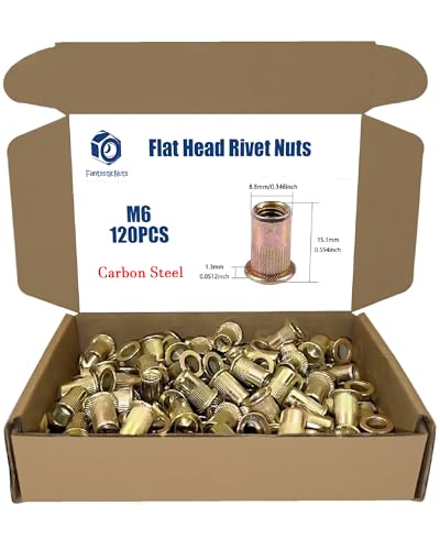 120PCS M6 x 1.0 Rivet Nuts, Made of Carbon Steel with a zinc-Plated Finish, Featuring a Flat Head and Threaded Insert knurled Nutsert Kit - size: M6(120PCS)