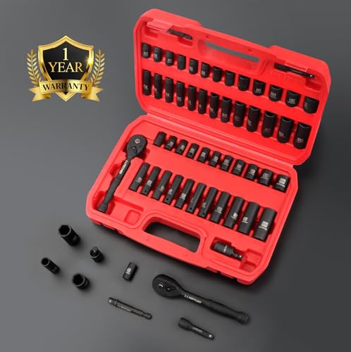 LLNDEI 1/4”Drive Impact Socket Set, 52 PCS Mechanic Tool Set with 72-Tooth Ratchet & Adapter, CR-V, Metric and SAE Sockets Storage Kit for Household Automotive Repair DIY Project - size: 1/4" Socket Set