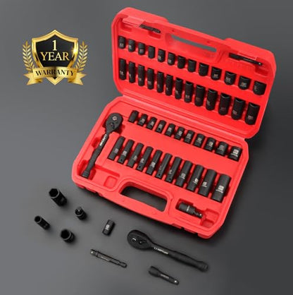 LLNDEI 1/4”Drive Impact Socket Set, 52 PCS Mechanic Tool Set with 72-Tooth Ratchet & Adapter, CR-V, Metric and SAE Sockets Storage Kit for Household Automotive Repair DIY Project - size: 1/4" Socket Set