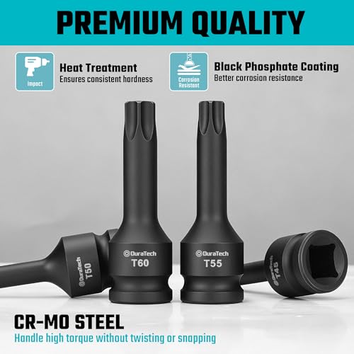 DURATECH 8-Piece 1/2" Drive Impact Torx Bit Set | T30, T40, T45, T50, T55, T60, T70, T80 Torx Bits, Cr-Mo Steel, Organized in Storage Case