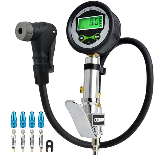 Presta Valve Air Chuck, Digital Bike Tire Inflator Gauge for Air Compressor | A bike compressor attachment for Presta & Schrader valves, tubeless setups and quick inflation with spare cores and caps.