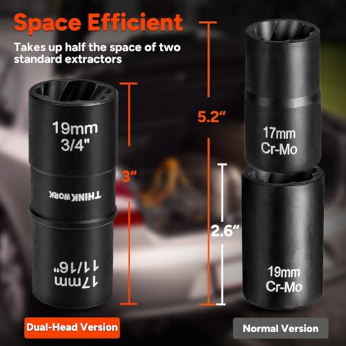 THINKWORK 1/2 Inch Drive Lug Nut Extractor Set, 5pcs Flip Wheel Lock Removal Kit, Double Ended Lug Nut Removal Tool for Stripped, Broken, Damaged, Rounded Bolts, Nuts and Fasteners - size: W6227-5-PCS