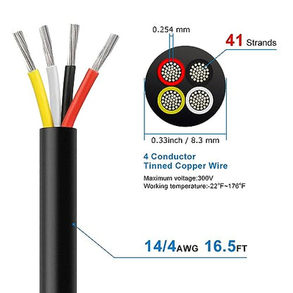 14 Gauge 4 Conductor Electrical Wire, 16.5FT 14AWG Black PVC Stranded Tinned Copper 4 Wire Cable, 14/4 Cord Extension Cable for LED Lamp Lighting, Automotive, Speaker, Audio, Power etc. - size: 16.5 FT, style: 14 AWG-4C