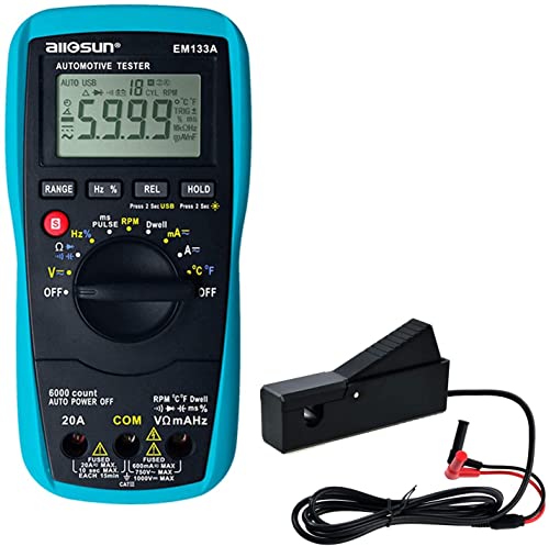 allsun EM133A Auto Multimeter AC/DC Volt Ohm Amp Tester Tool | RPM, Dwell, Pulse Width, Temp, Capacitance, Continuity, Frequency. Diagnostic for car repair, workshop, DIY maintenance