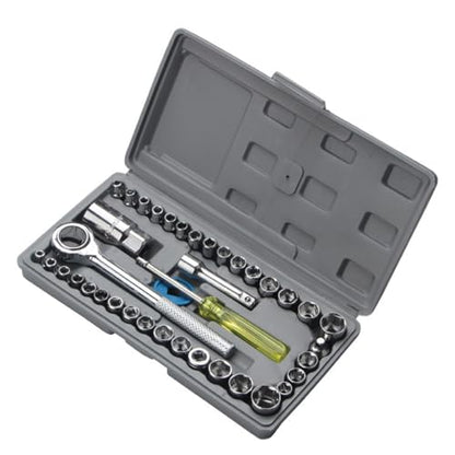 40-Piece 3/8-Inch Ratchet Socket Wrench Set with Storage Case, Includes 1/4-Inch & 3/8-Inch Drive SAE and Metric Sockets, Spinner Handle and Extension Bar for Auto Repair and Home Maintenance