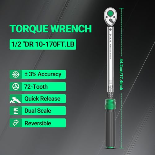 1/2" Drive Click Torque Wrench, 10-170 Ft-Lb/13-230 Nm Dual-Direction Adjustable 72 Tooth Ratchet, ±3% Accuracy Heavy Duty Torque Wrench for Automotive Repair, Lug Nuts and Suspension Work - size: 1/2", 10-170 ft-lb