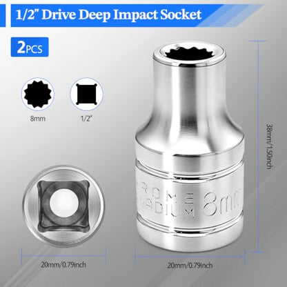 2 Pcs 1/2" Drive 8mm Shallow Impact Socket | Anti-Rounding 12 Point Design, Square Chamfered Opening, Easy Removal of Axle Nut - color: Shallow, size: 8mm