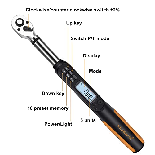 MULWARK 3/8" Digital Torque Wrench Electronic Set, with Buzzer & LED, 2.2-44.3 ft-lbs(3-60 Nm), High Precision Adjustable Electronic Torque Wrenches Car Repairing Tool Calibrated with Storage Case