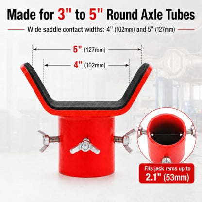 Bottle Jack Adapter with Triple-Lock, Fits 8-20 Ton Bottle Jacks up to 2.1" Ram Diameter, Heavy Duty 1/4" Steel Saddle for 3" to 5" Round Axle Tubes, for RVs, Trucks and Trailers - color: Red (10–20T)