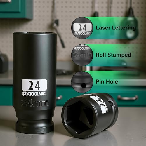 1/2 Inch Drive Impact 16 PCS Hex Socket Set,Metric Deep (10-32mm) Sockets,6 Point Radius Corner Design,CR-MO Alloy Steel,Square Chamfered Opening,Axle Nut Socket For Auto Repair - size: 1/2" Metric 16pc