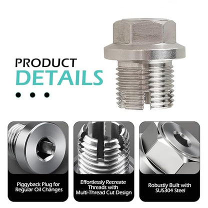 Shakas M14.1 x 1.5 Oversize Piggyback Oil Drain Plug, Stainless Steel Self-tapping Repair Screws with O-ring and L-wrench, Oil Pan Drain Plug Repair Kit, for Most Cars (Silver)
