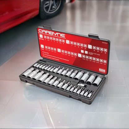 CARBYNE 33-Piece Master Bit Socket Set, SAE & Metric Hex (Allen) Bit Sockets, S2 Steel, 1/4", 3/8" & 1/2" Drive for Automotive, Motorcycle & Furniture Repair - size: 33 Piece