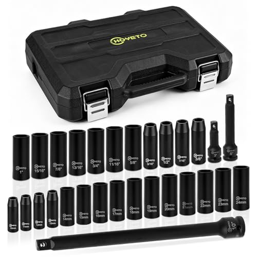 29-Piece 1/2" Drive Impact Socket Set, SAE (3/8 to 1 inch) and Metric (10-24mm) Sizes with Extension Bars Standard Deep Socket Set CR-V Material High Durability Impact Wrench - style: SS-D12-29PC