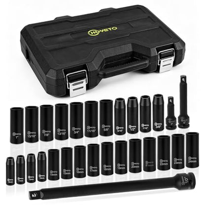 29-Piece 1/2" Drive Impact Socket Set, SAE (3/8 to 1 inch) and Metric (10-24mm) Sizes with Extension Bars Standard Deep Socket Set CR-V Material High Durability Impact Wrench - style: SS-D12-29PC