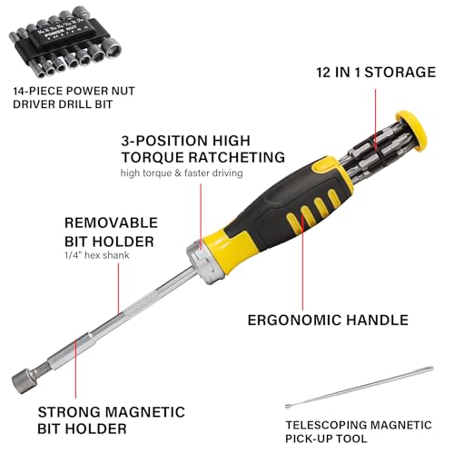 HAUTMEC 28 Pcs Magnetic Ratcheting Screwdriver Set, Multi-bit Screw Driver Set Including CRV Screwdriver Bits, Nut Driver Set and Telescoping Magnetic Pickup Tool for DIY, Electronics, Auto Repair - color: 28-in-1 Ratcheting