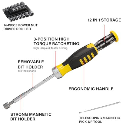 HAUTMEC 28 Pcs Magnetic Ratcheting Screwdriver Set, Multi-bit Screw Driver Set Including CRV Screwdriver Bits, Nut Driver Set and Telescoping Magnetic Pickup Tool for DIY, Electronics, Auto Repair - color: 28-in-1 Ratcheting