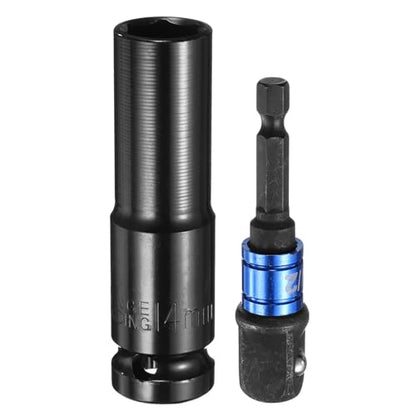 HARFINGTON Deep 6-Point Impact Socket 1/2" Drive 14mm Metric Socket 3" Length with 1/4" Hex Shank Adapter, CR-V Steel Socket Adapter Accessory Tool Set Kit for Hex Bolts Nuts - size: 14mm