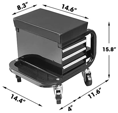 Torin APD2016AB Rolling Tool Chest/Tool Box with 3 Drawers and Wheels, Padded Mechanic Stool Creeper Seat, Black - style: Rolling Tool Chest