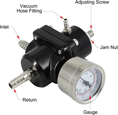 BARTOO Universal Adjustable Fuel Pressure Regulator Kit, Aluminum Fuel Regulator,Adjustable Gas Oil Injection Pressure Regulator with 0-140 PSI Gauge -Black - color: Black