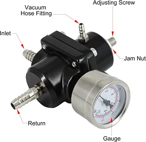 BARTOO Universal Adjustable Fuel Pressure Regulator Kit, Aluminum Fuel Regulator,Adjustable Gas Oil Injection Pressure Regulator with 0-140 PSI Gauge -Black - color: Black