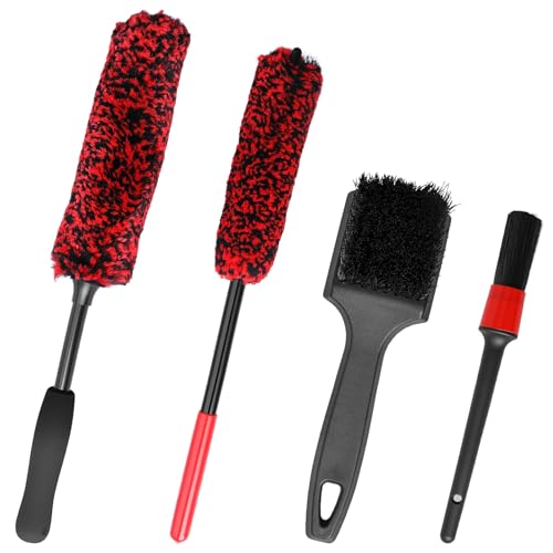 4PCS Long Handle Wheel Brush Kit,Bendable and Durable Wheel Rim Cleaner Brush Set Red - size: 4PCS