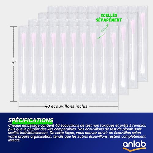 anlab™ Lead Test Kit | Rapid Results in Less Than 30 Seconds | All-in-One, No Vinegar Needed | Check Lead in Painted Surfaces, Wood, Metal & More | Disposable Cotton Swabs - (40 Count)