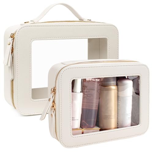 Travel Clear Makeup Bag Set, TSA Approved Cosmetic Bag Case with Zipper Portable Makeup Pouch Toiletry Bag Traveling Cosmetic Organizer Storage Bag Car Organizer Car Essentials - color: L + XL White