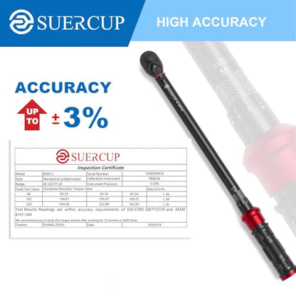 SUERCUP Torque Wrench 1/2-Inch Drive, 40-320Ft.Lb, for Motorcycle & Auto | 4.2-433.6Nm, 72-T Dual-Direction, ±3% Accuracy, Click Alert, for Car Lug Nuts, Engine, Suspension, Moto & Machinery Bolt - size: 1/2" 40-320FT.LB/54.2-433.6N.m