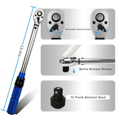 TYD 3/8 Inch Drive Click Torque Wrench, 5–60 Nm ±4% High Precision | 72-Tooth Reversible Ratchet with Loud Click Alert, Professional Motorcycle Torque Spanner for Spark Plug, Brake Caliper