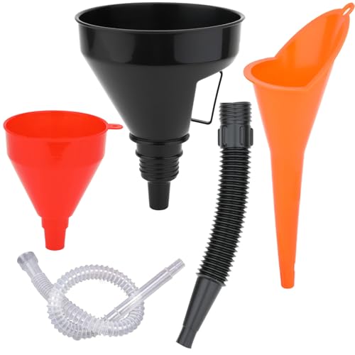 3 Pack Automotive Oil Funnel Set, Wide Mouth Fuel Funnels with Flexible Long Neck, Detachable Spout & Filter for Gas, Water, Coolant, Engine Oil