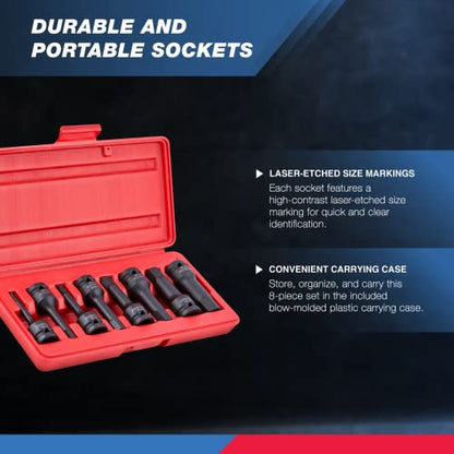 NEIKO 01137B 1/2-Inch-Drive Allen Socket Set, 3-Inch Length, 1/2-Inch Impact Hex-Bit Socket Set, SAE Hex Driver 1/4" to 3/4", CrMo Steel, Impact-Grade, 8-Piece Set - style: SAE