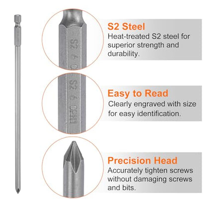 HARFINGTON 5pcs #1 Phillips Screwdriver Bit PH1 1/4" Hex Shank 8" (200mm) Long Magnetic S2 Steel Industrial Grade Screw Driver Bit Cross Head Electric Drill Bits 0.236" (6mm) Rod - size: PH1 x 200mm x 6mm