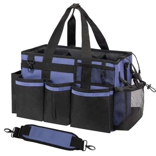 SCAVATA Wearable Cleaning Caddy, Cleaning Caddy Supplies Organizer with Handle & Shoulder Straps for Housekeepers, Under Sink & Car Cleaning Tool Organizers Bag with 4 Foldable Divider (CeruleanBlue) - color: CeruleanBlue
