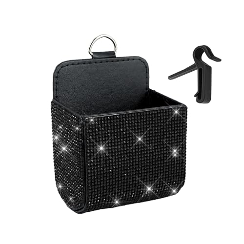 Car Vent Storage Organizer, Rhinestone Auto Vent Leather Pocket, Universal Car Accessories Bling Automotive Pouch Box with Hook for Sunglasses, Key, Coin (Black) - color: Black