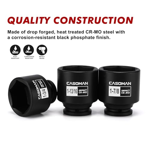 CASOMAN 16PCS 1/2" Drive Shallow Spindle Axle Nut Impact Socket Set, 6-Point, Large Socket Set, SAE(1-5/16" to 2-1/4"), CR-MO