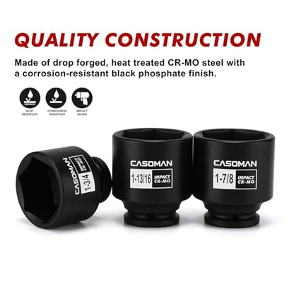CASOMAN 16PCS 1/2" Drive Shallow Spindle Axle Nut Impact Socket Set, 6-Point, Large Socket Set, SAE(1-5/16" to 2-1/4"), CR-MO