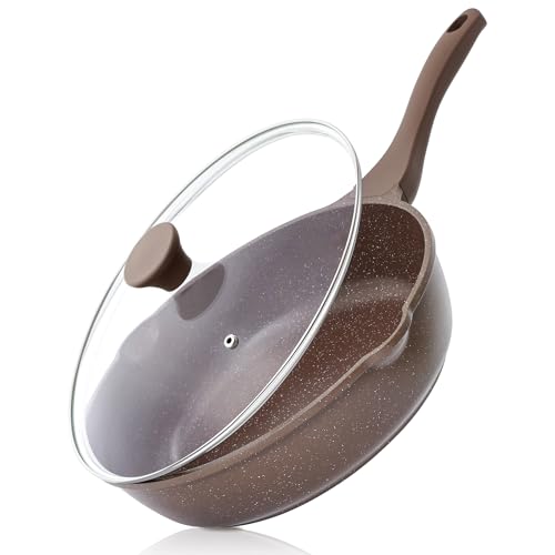 SENSARTE Nonstick Deep Frying Pan Skillet, 12-inch Saute Pan with Lid, Stay-Cool Handle, Healthy Cookware Cooking Pan with Cover, Induction Compatible (Toffee Brown) - color: Toffee Brown, size: 12-inch/5QT