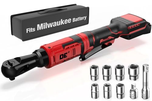 3/8 Inch Cordless Ratchet Wrench, for Milwaukee M18 Battery, 88Ft-Lbs, 0-400RPM, Electric Ratchet Wrench Set with Variable Speed Trigger, Reinforced Head, R&F Switch, 7 Sockets, 3/8" to 1/4" Adapter - color: Black/Red