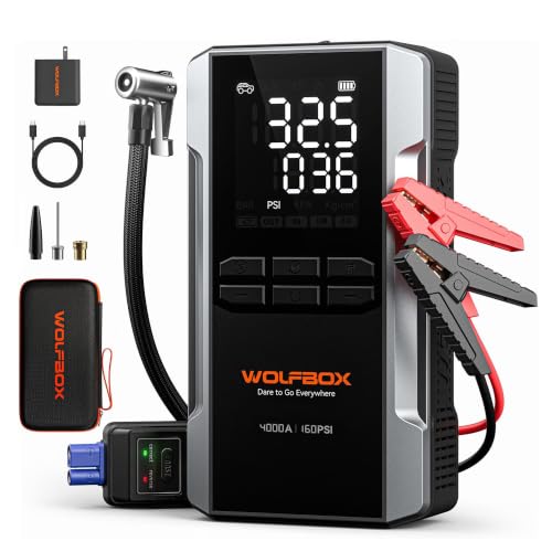 WOLFBOX 4000A Jump Starter with Air Compressor, 88.8Wh Car Battery Jumper Starter Portable(10L Gas/10L Diesel), 12V Booster Jump Box Pack with 160PSI Tire Inflator, 65W Fast Charger, Jumper Cables - size: 4000A + 65W Charger