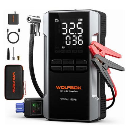 WOLFBOX 4000A Jump Starter with Air Compressor, 88.8Wh Car Battery Jumper Starter Portable(10L Gas/10L Diesel), 12V Booster Jump Box Pack with 160PSI Tire Inflator, 65W Fast Charger, Jumper Cables - size: 4000A + 65W Charger