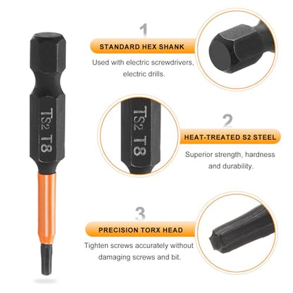HARFINGTON 3pcs T8 Torx Head Screwdriver Bit 2" (50mm) Long 1/4" Hex Shank Magnetic No Hole Tamper Proof 6 Point Star Screw Driver Drill Bits Phosphate S2 Steel Industrial Power Tools - size: T8 x 50mm