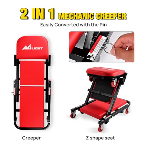 Nilight 40" Z Creeper - 2-in-1 Folding Rolling Mechanic Seat, 40 inches Adjustable Lay-Down or Sit Garage Chair, 330 lbs Capacity, Red Black - color: Red