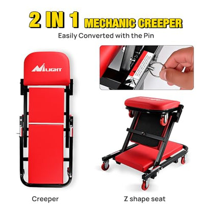 Nilight 40" Z Creeper - 2-in-1 Folding Rolling Mechanic Seat, 40 inches Adjustable Lay-Down or Sit Garage Chair, 330 lbs Capacity, Red Black - color: Red