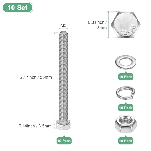 M METERXITY 10-Pack Hex Head Screw Bolt with Nuts Flat & Lock Washers M5x55mm Stainless Steel Bolts and Nuts Kit Fully Threaded Metric Bolt Assortment for Equipment/Machinery - size: M5x55mm